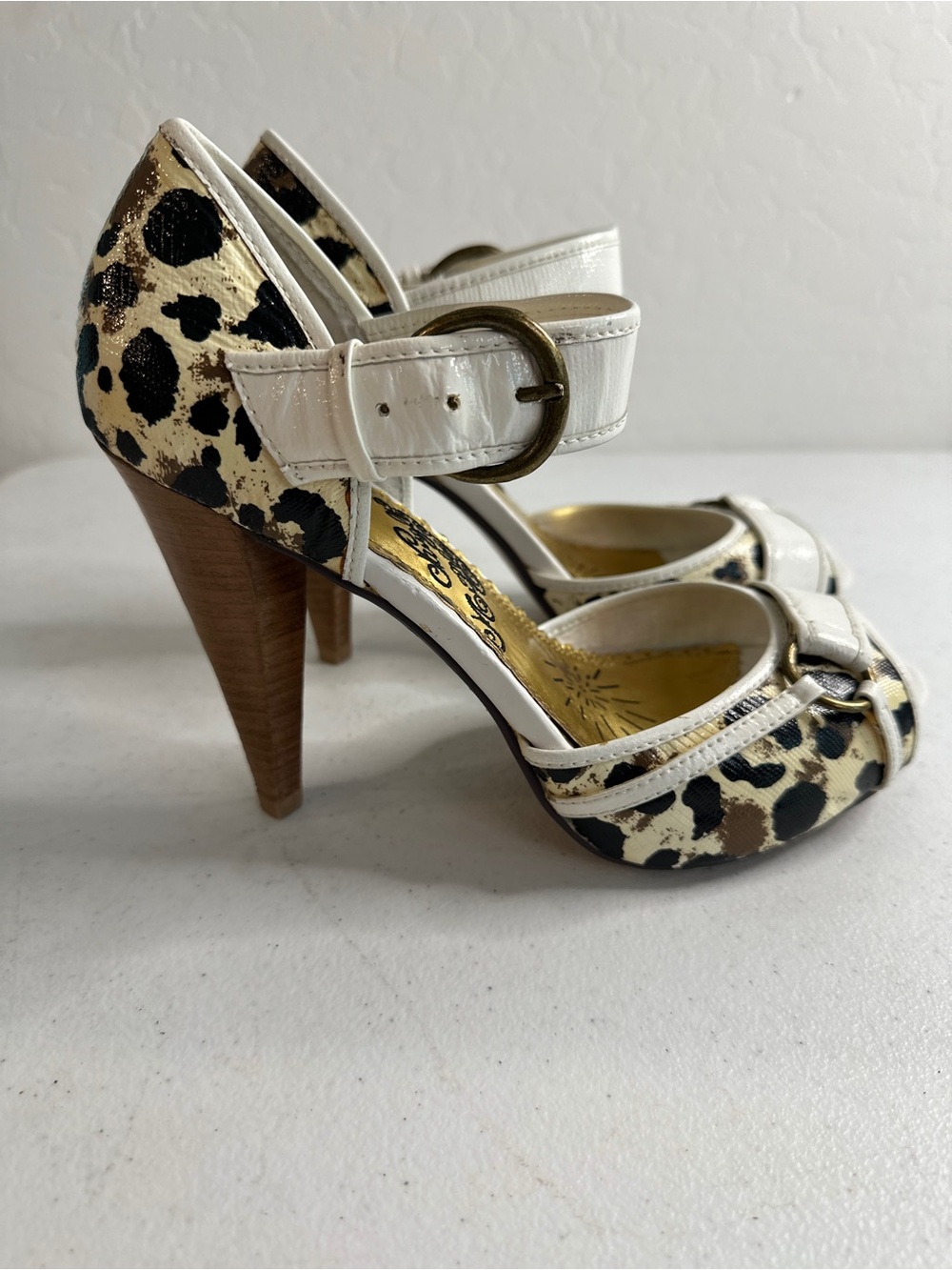Naughty Monkey White and Leopard Print Peep-Toe Heels